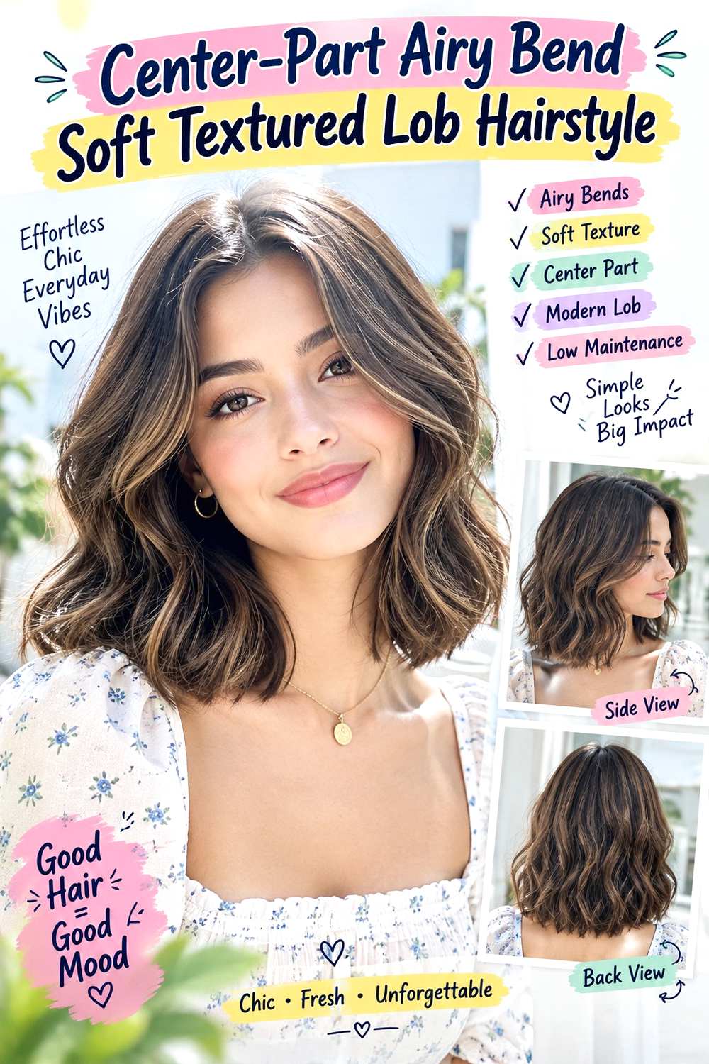 Center-Part Airy Bend Soft Textured Lob Hairstyle