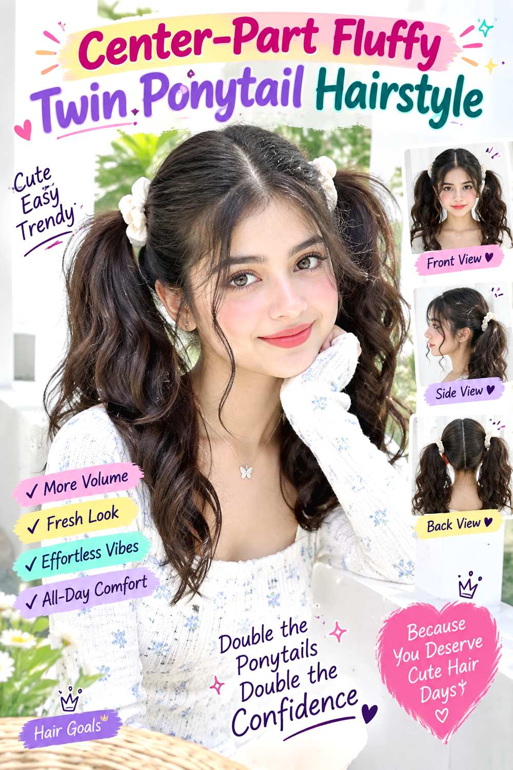 Center-Part Fluffy Twin Ponytail Hairstyle