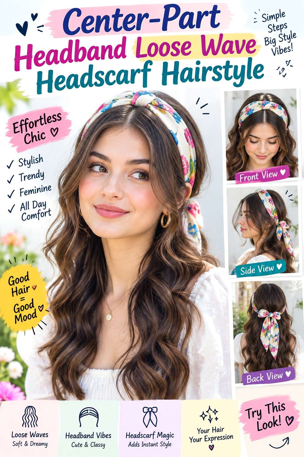 Center-Part Headband Loose Wave Headscarf Hairstyle