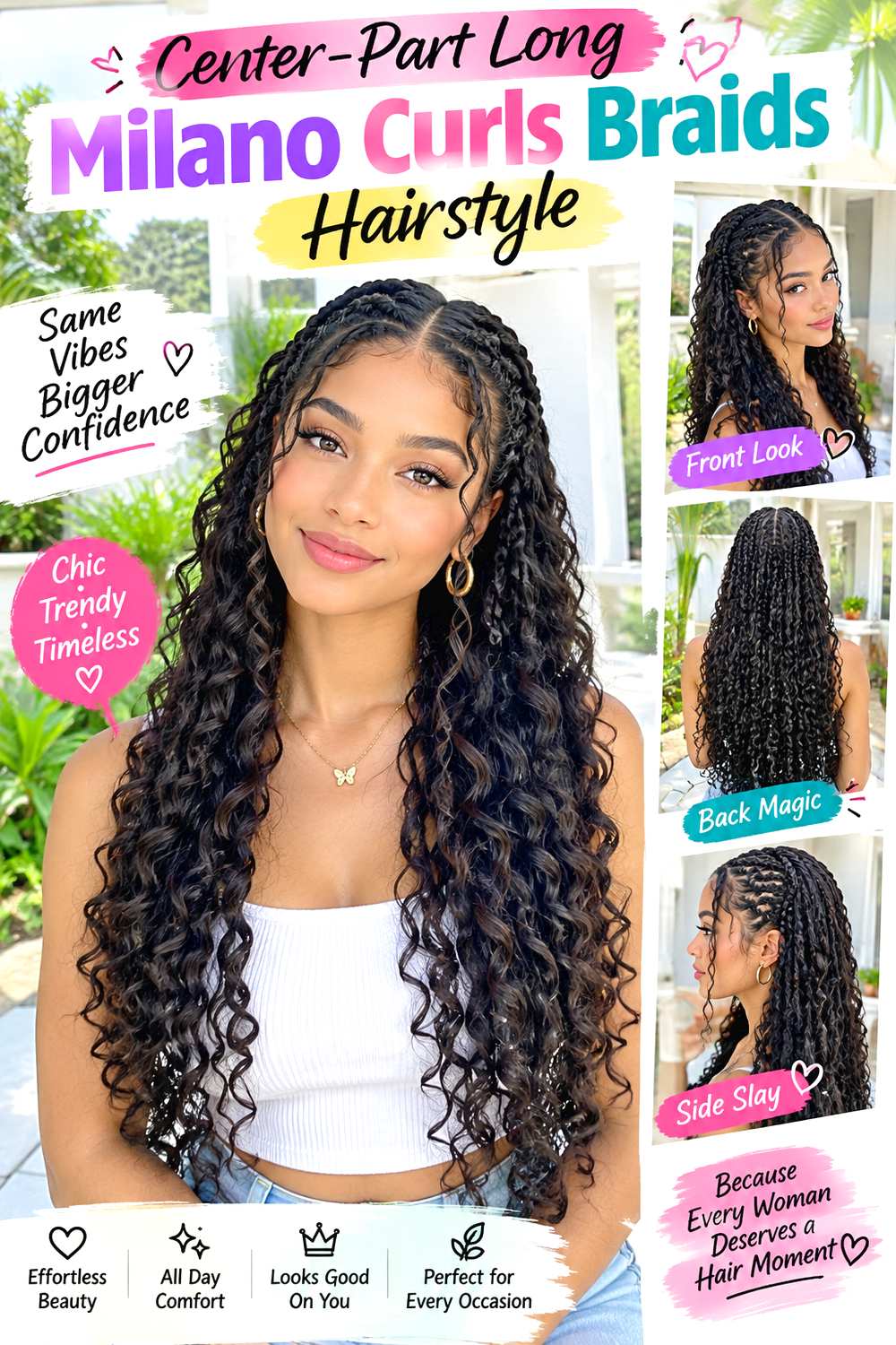 Center-Part Long Milano Curls Braids Hairstyle