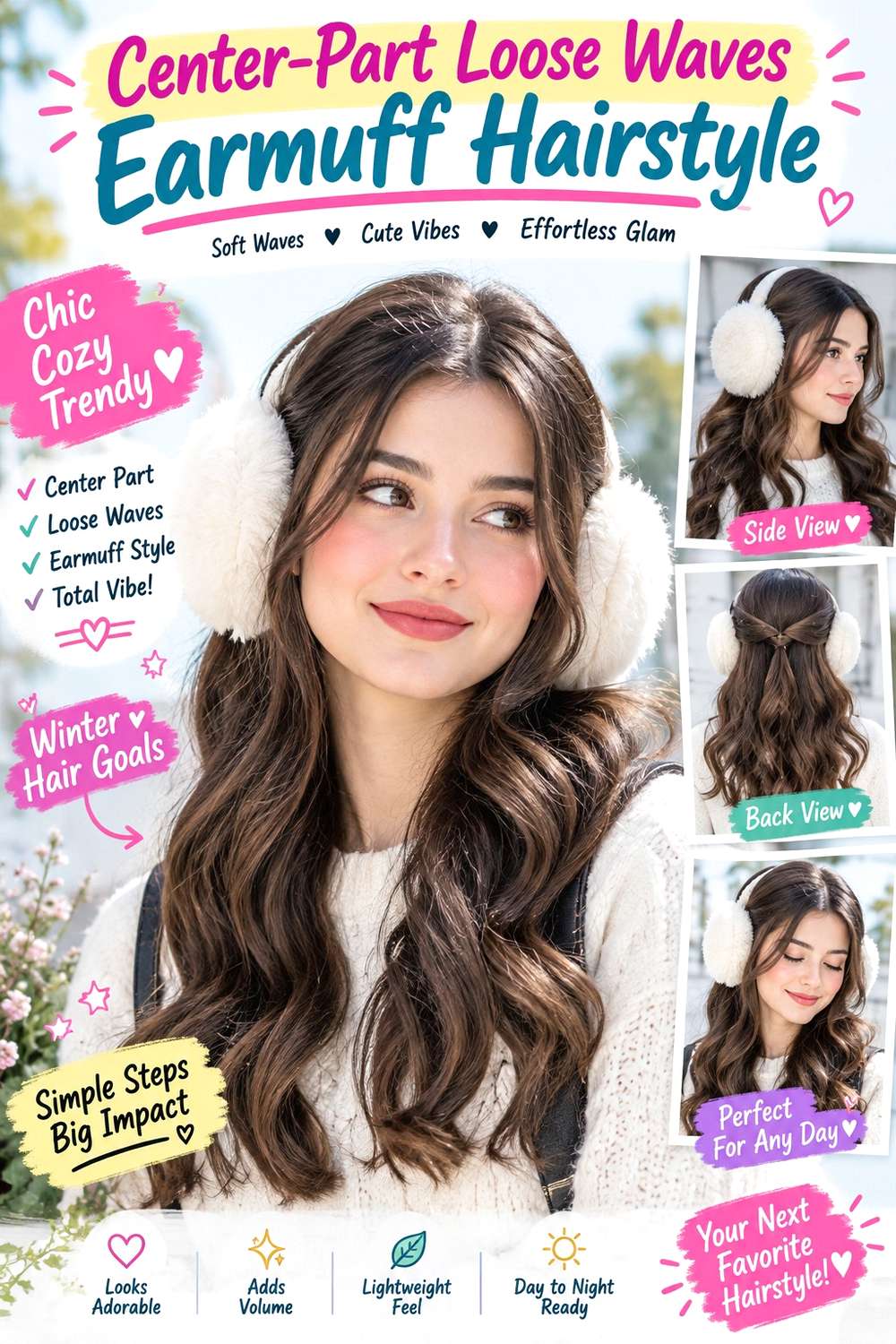 Center-Part Loose Waves Earmuff Hairstyle
