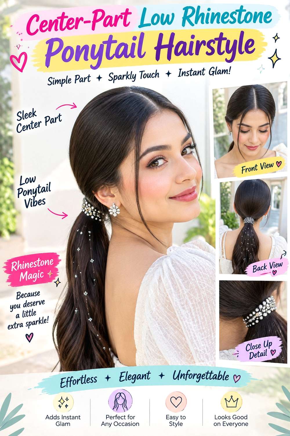 Center-Part Low Rhinestone Ponytail Hairstyle