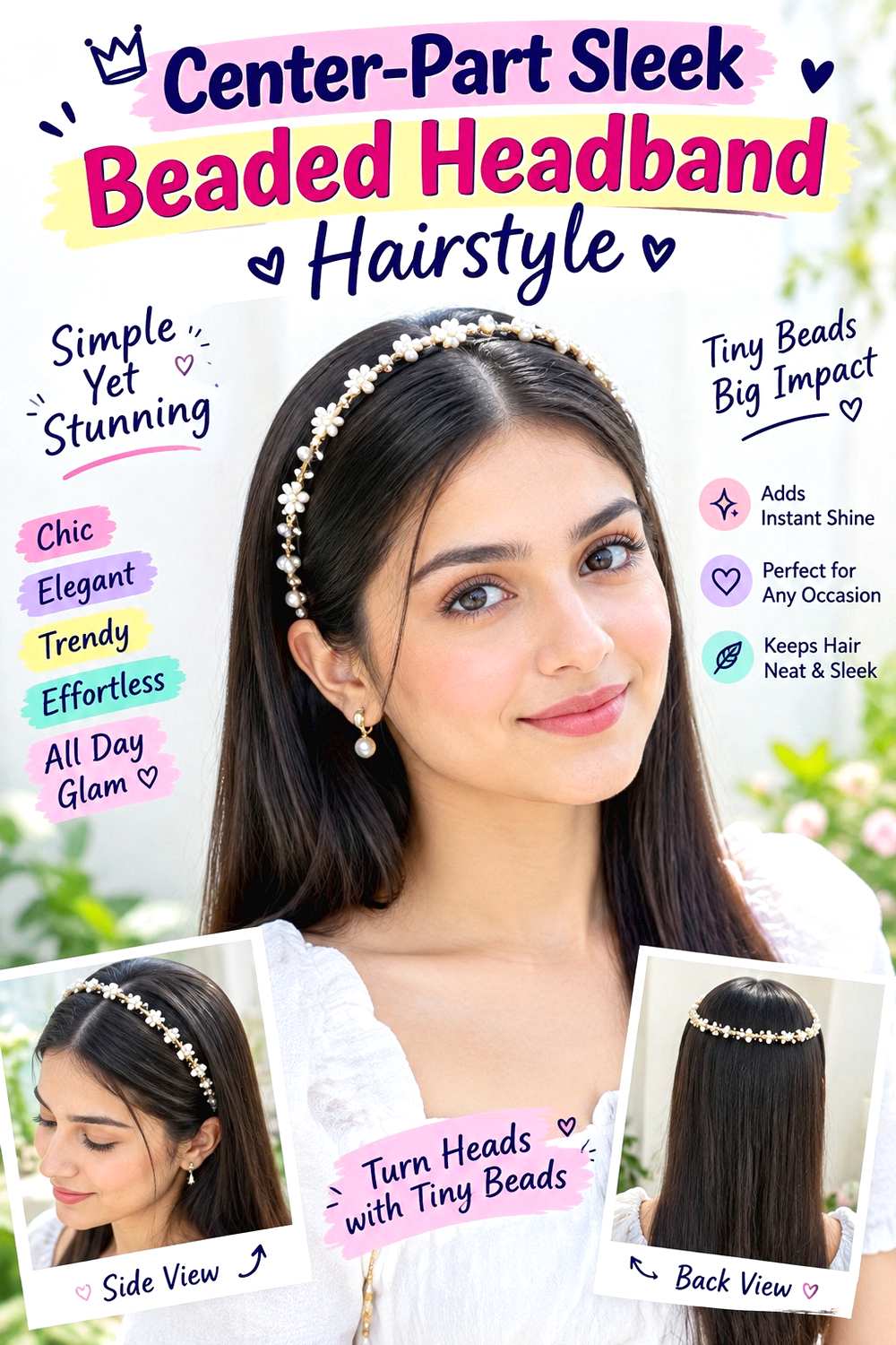 Center-Part Sleek Beaded Headband Hairstyle