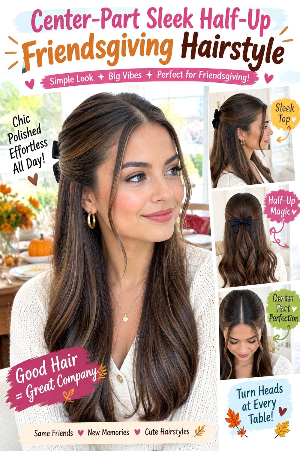 Center-Part Sleek Half-Up Friendsgiving Hairstyle