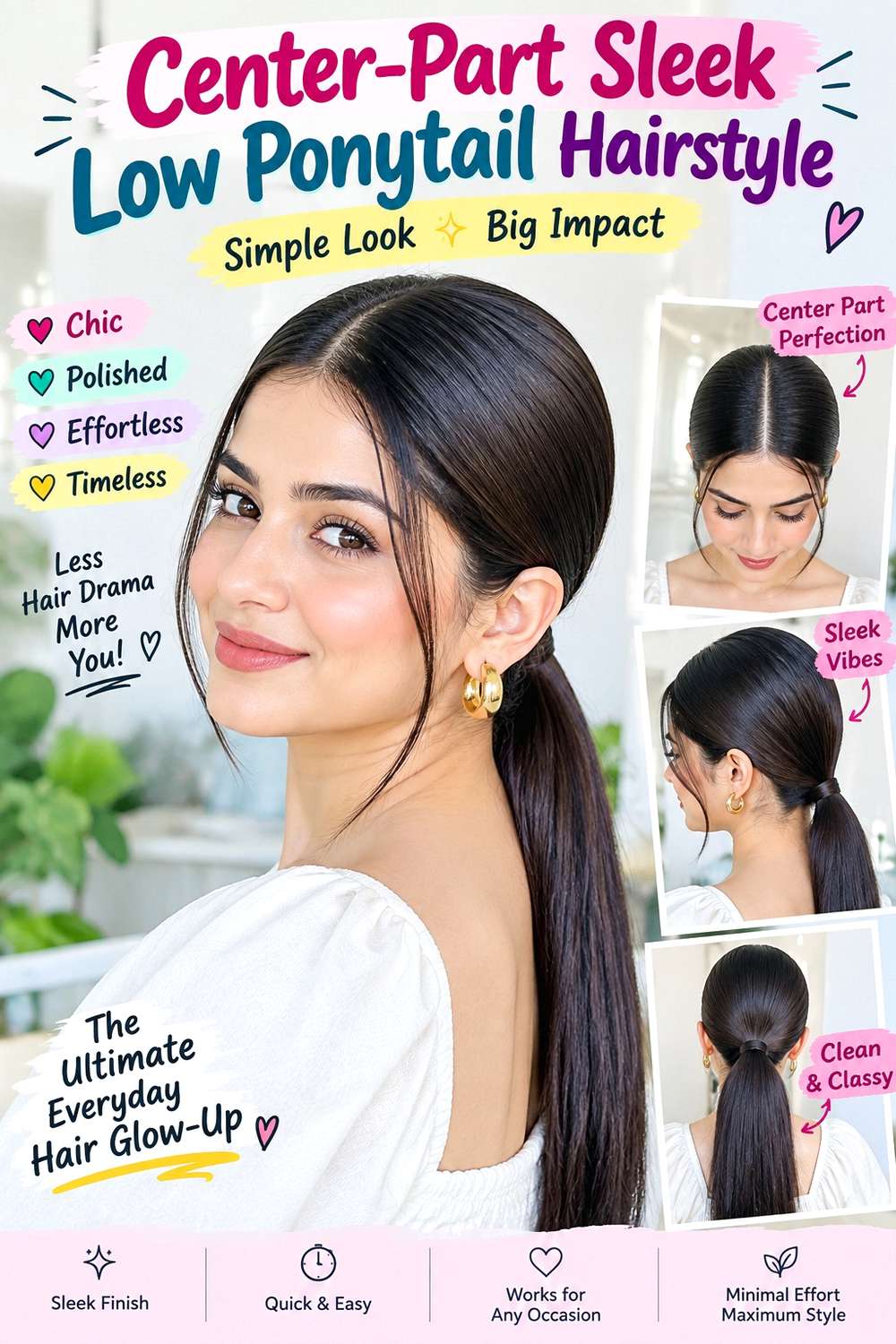 Center-Part Sleek Low Ponytail Hairstyle ()
