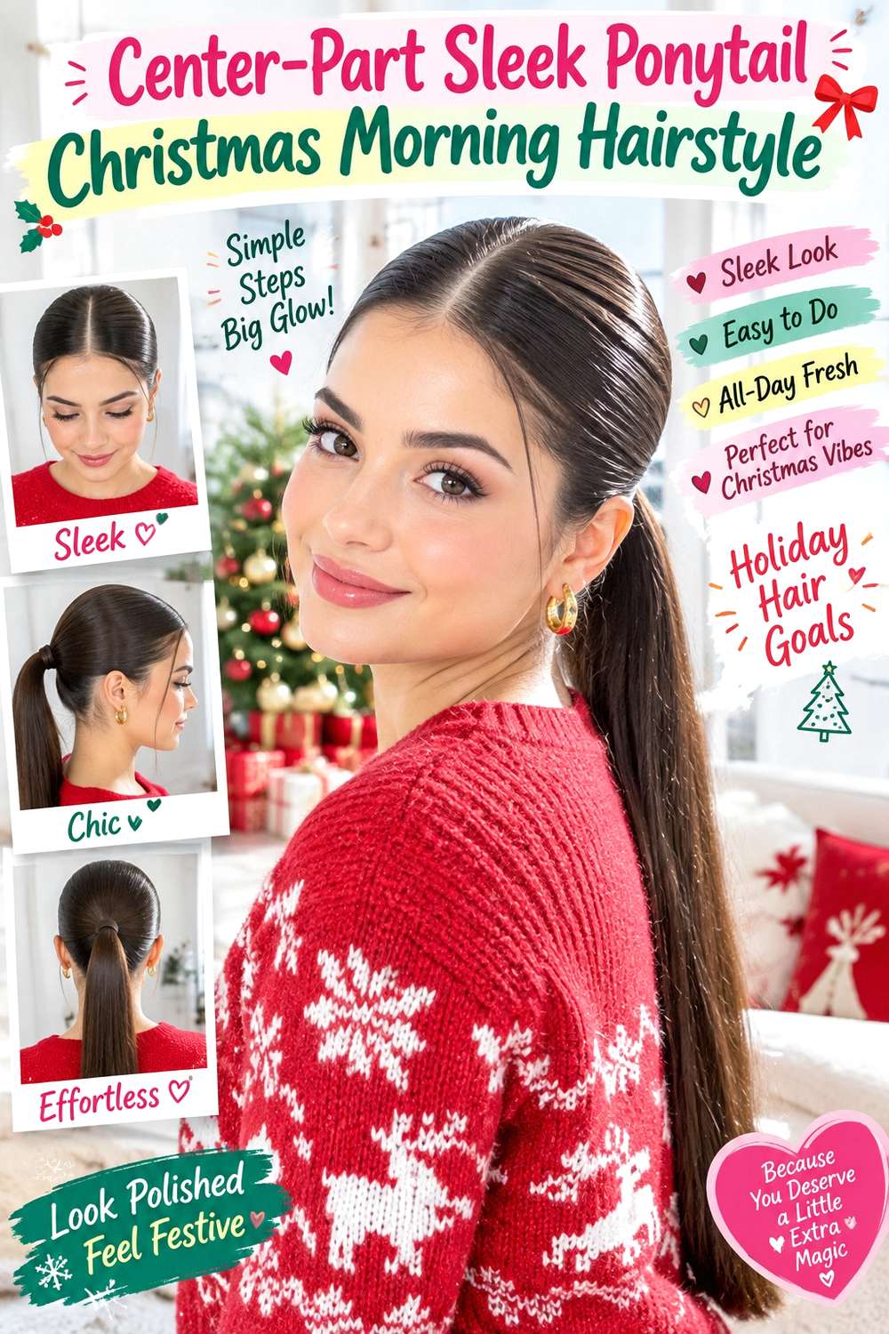 Center-Part Sleek Ponytail Christmas Morning Hairstyle