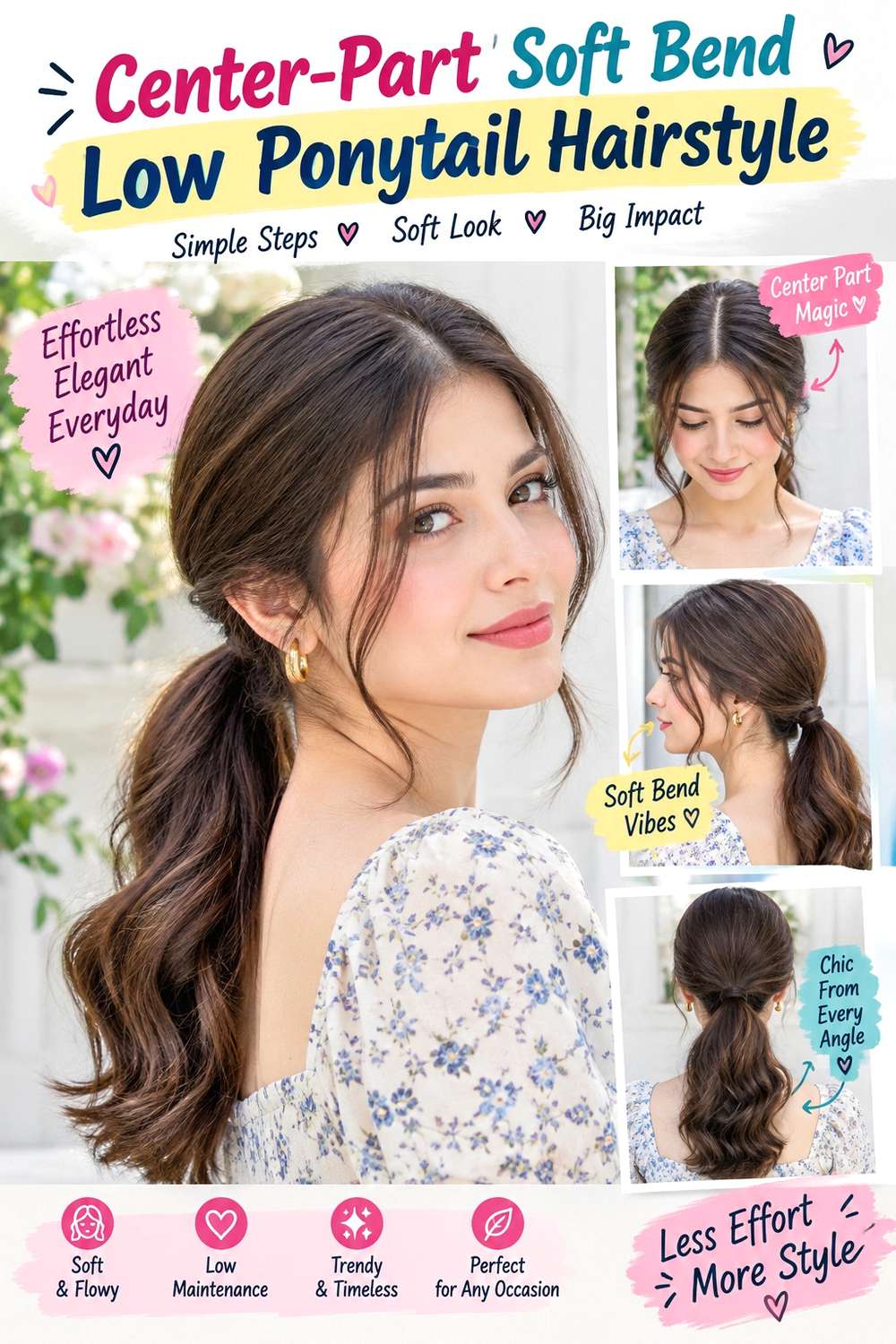 Center-Part Soft Bend Low Ponytail Hairstyle