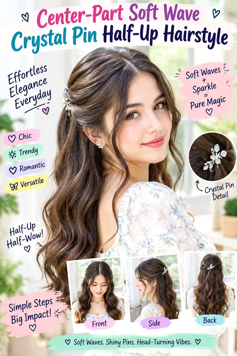 Center-Part Soft Wave Crystal Pin Half-Up Hairstyle