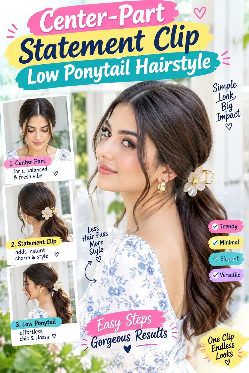Center-Part Statement Clip Low Ponytail Hairstyle