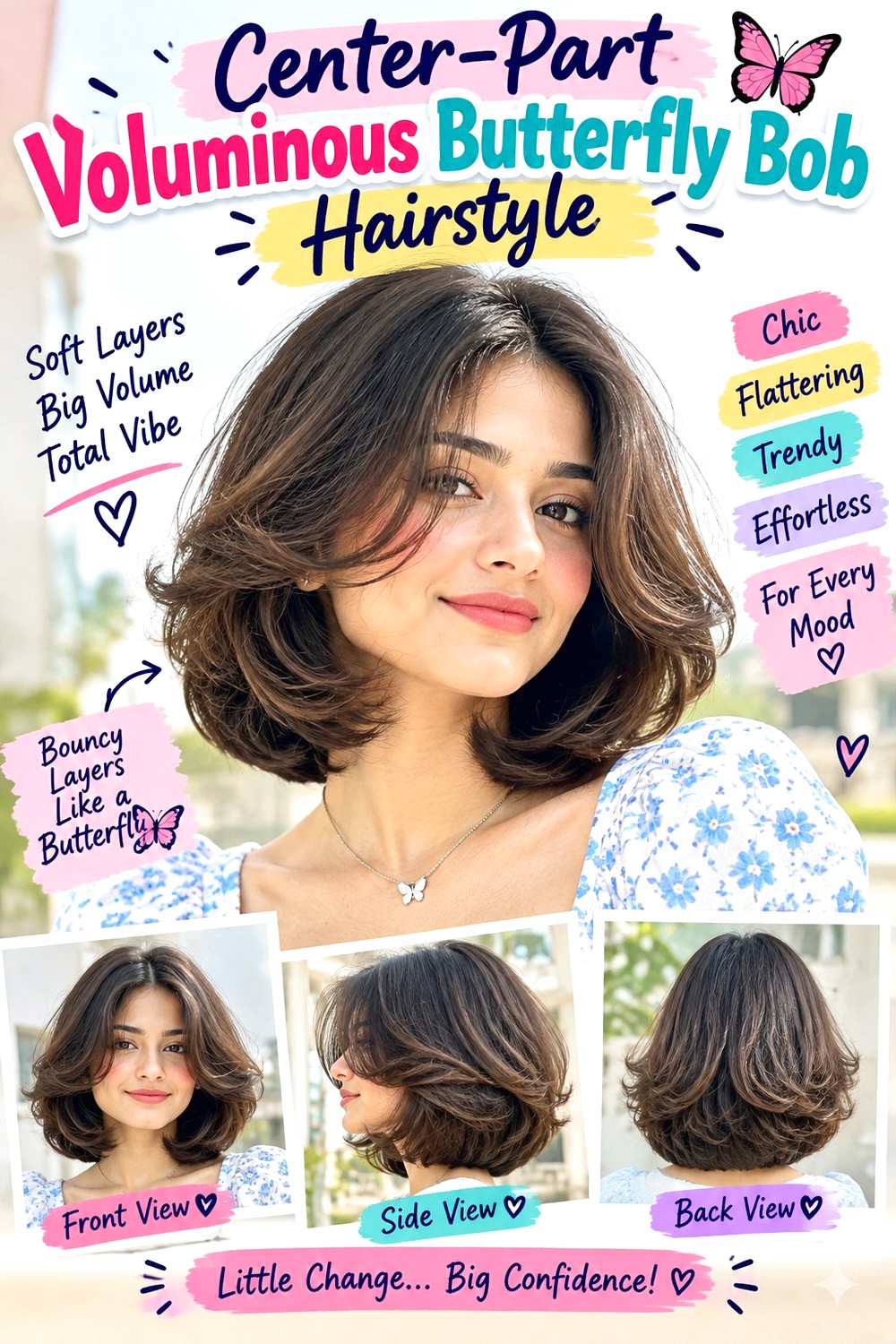 Center-Part Voluminous Butterfly Bob Hairstyle