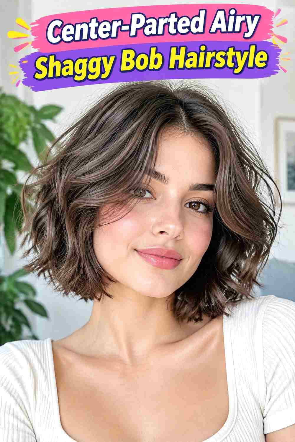 Center-Parted Airy Shaggy Bob Hairstyle