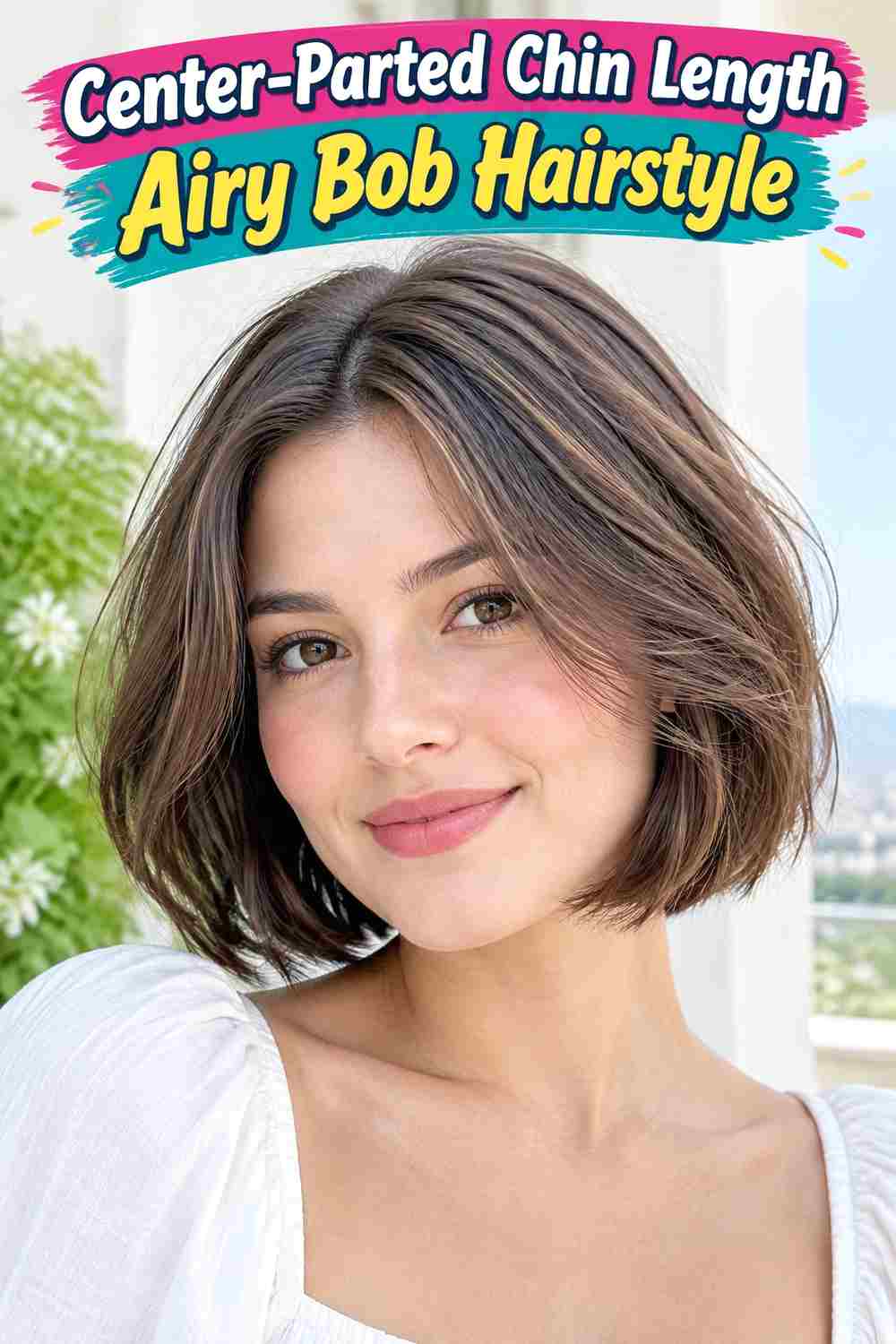 Center-Parted Chin Length Airy Bob Hairstyle