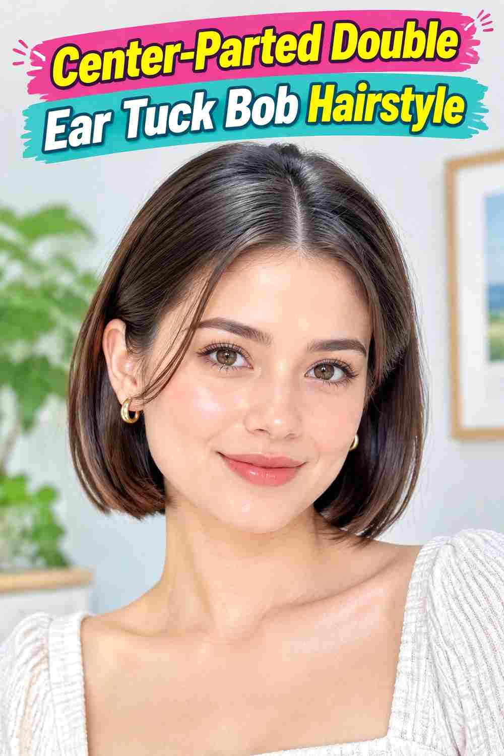 Center-Parted Double Ear Tuck Bob Hairstyle