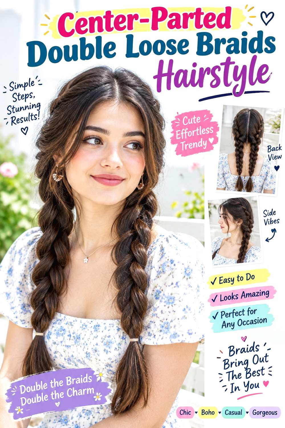 Center-Parted Double Loose Braids Hairstyle