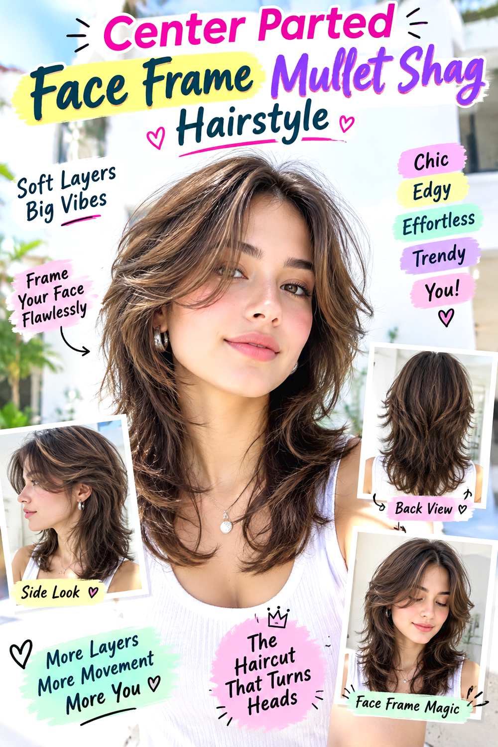 Center Parted Face Frame Mullet Shag Hairstyle