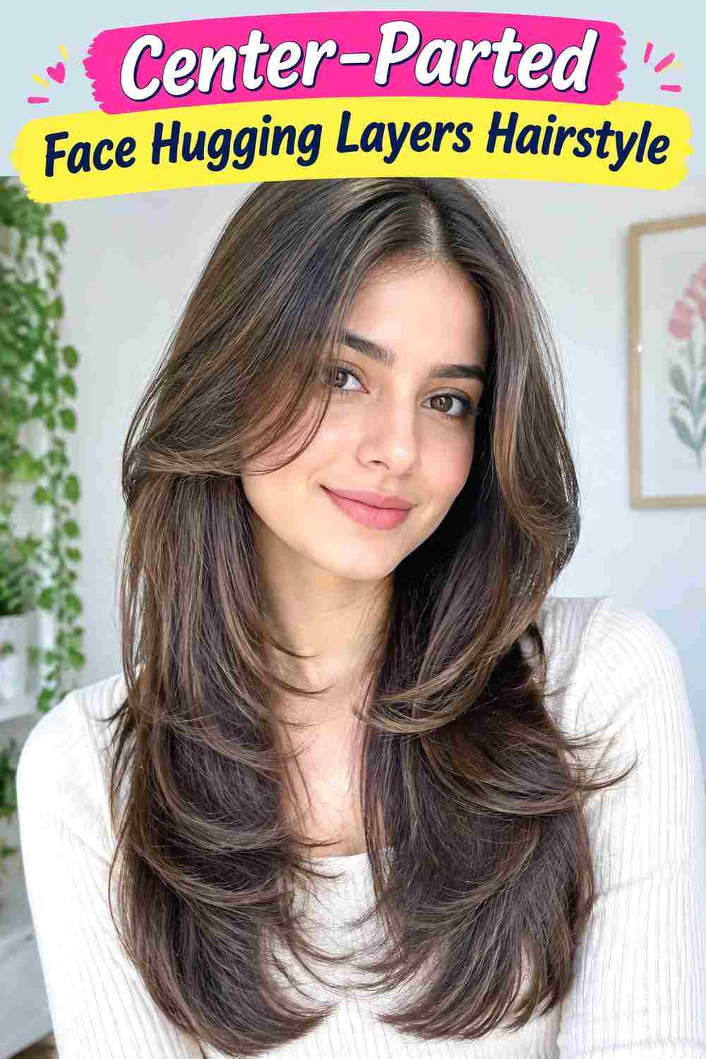 Center-Parted Face Hugging Layers Hairstyle