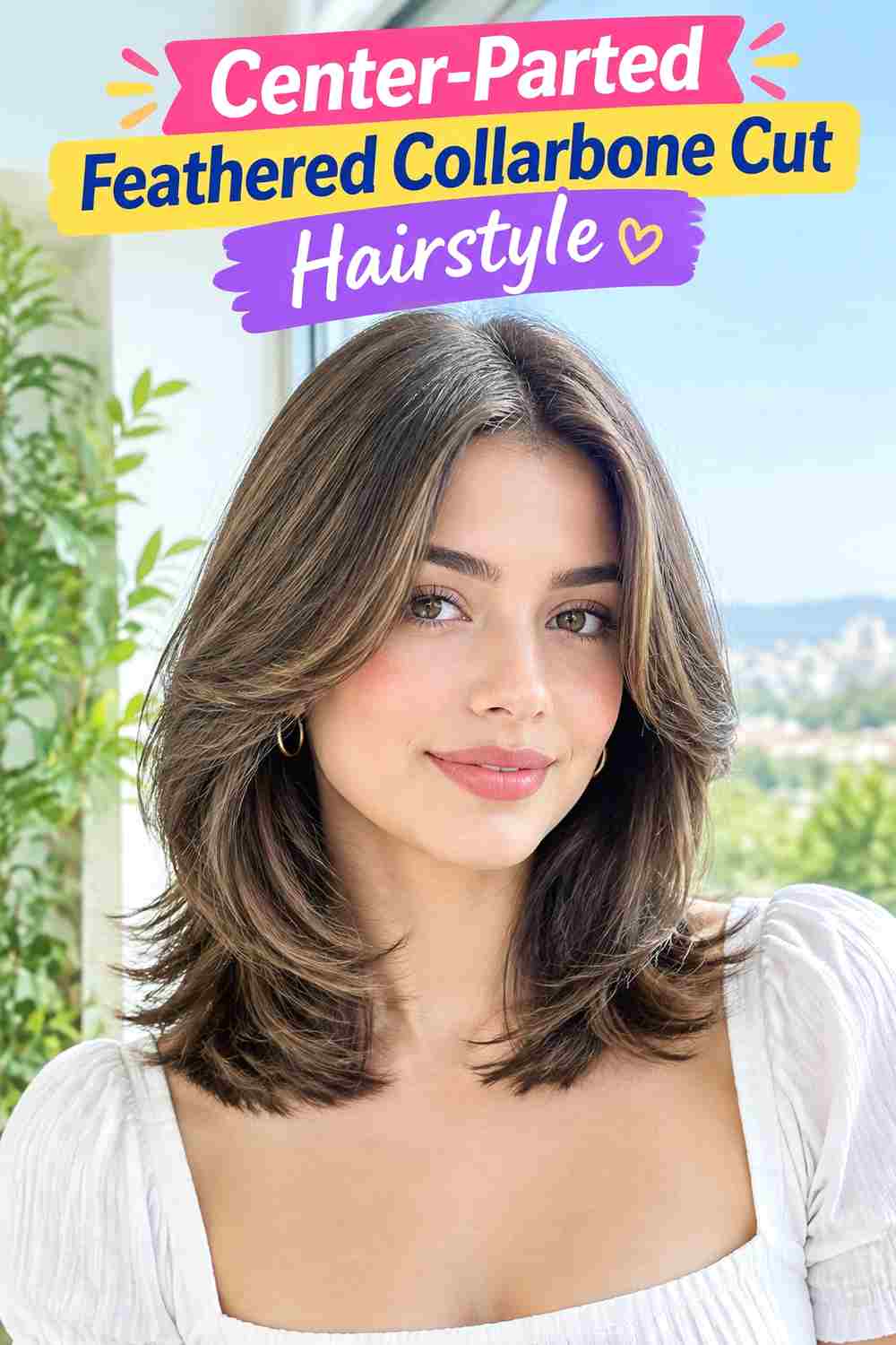 Center-Parted Feathered Collarbone Cut Hairstyle