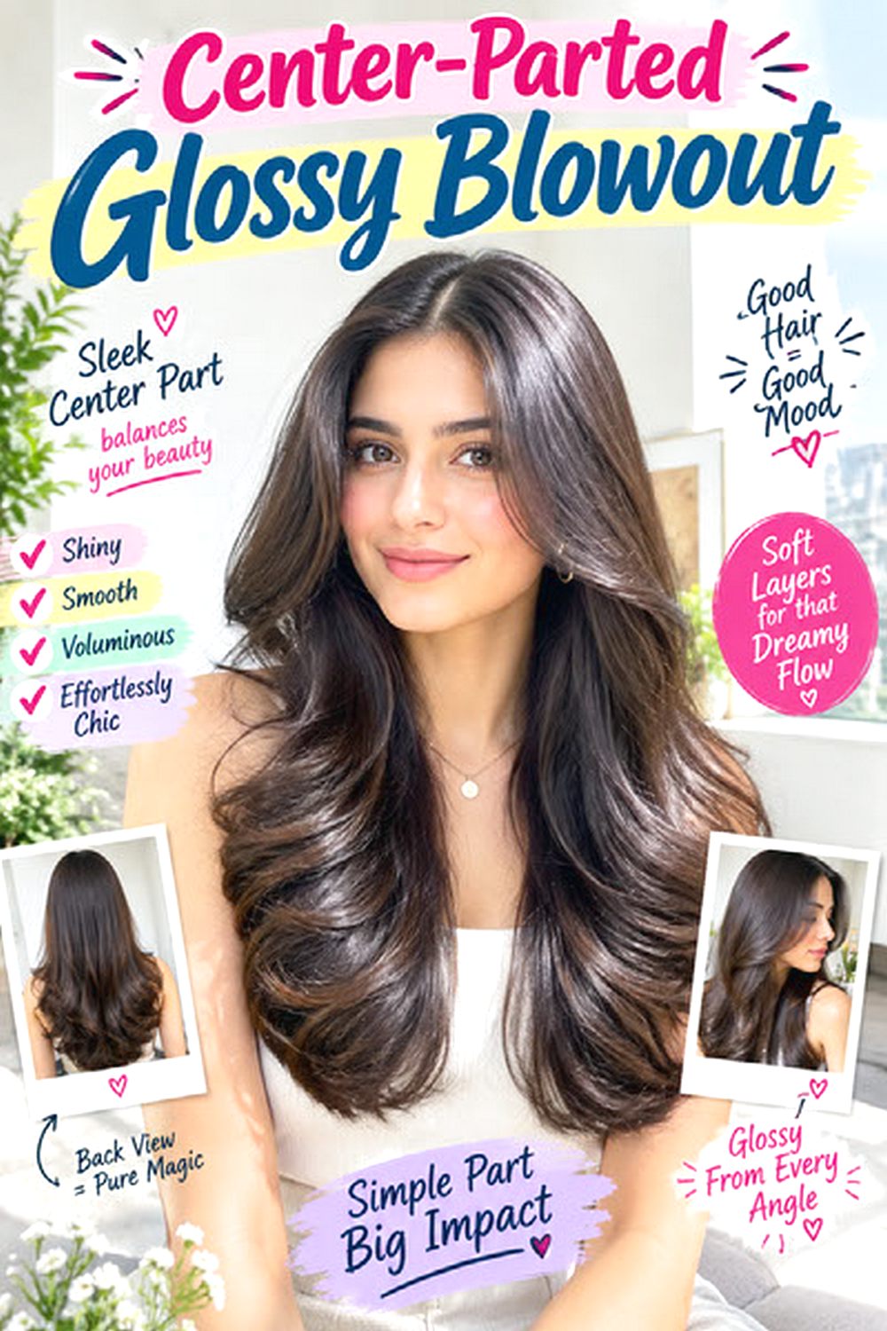 Center-Parted Glossy Blowout hairstyle