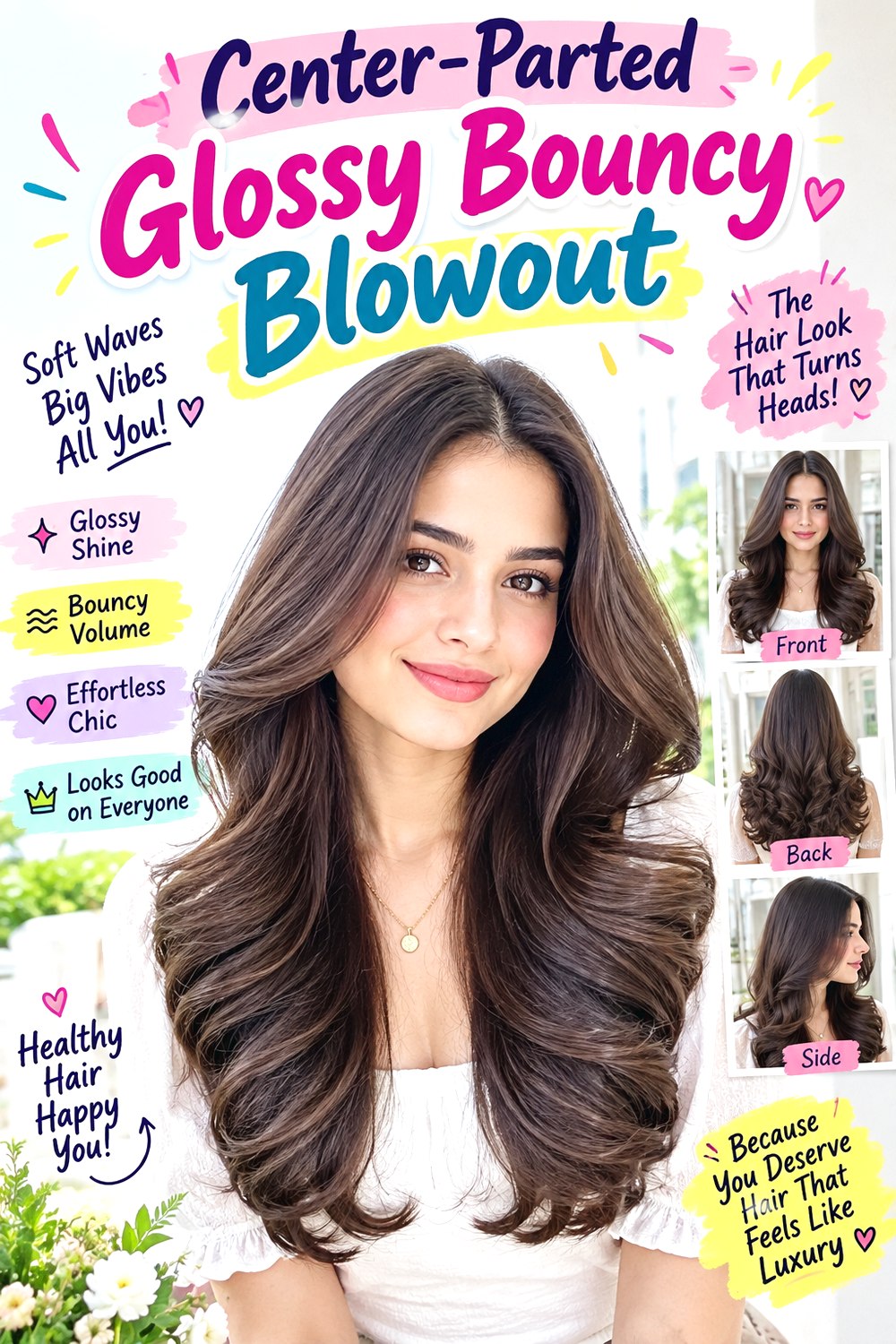 Center-Parted Glossy Bouncy Blowout hairstyle