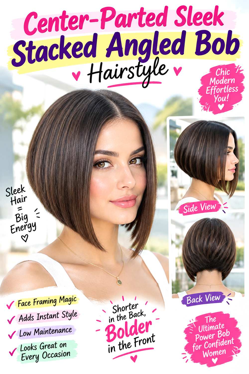 Center-Parted Sleek Stacked Angled Bob Hairstyle