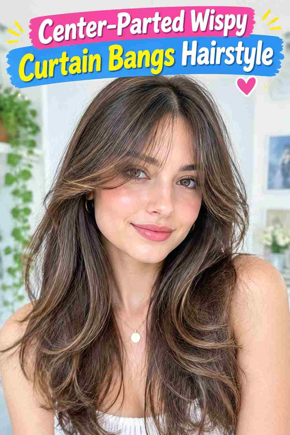 Center-Parted Wispy Curtain Bangs Hairstyle
