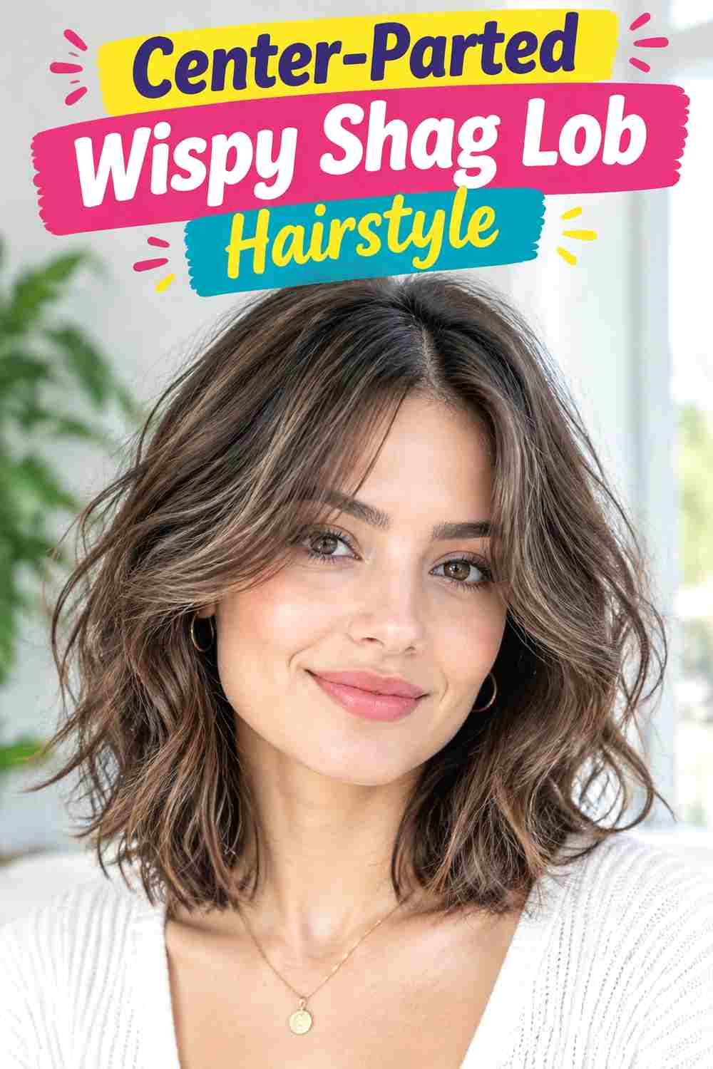 Center-Parted Wispy Shag Lob Hairstyle