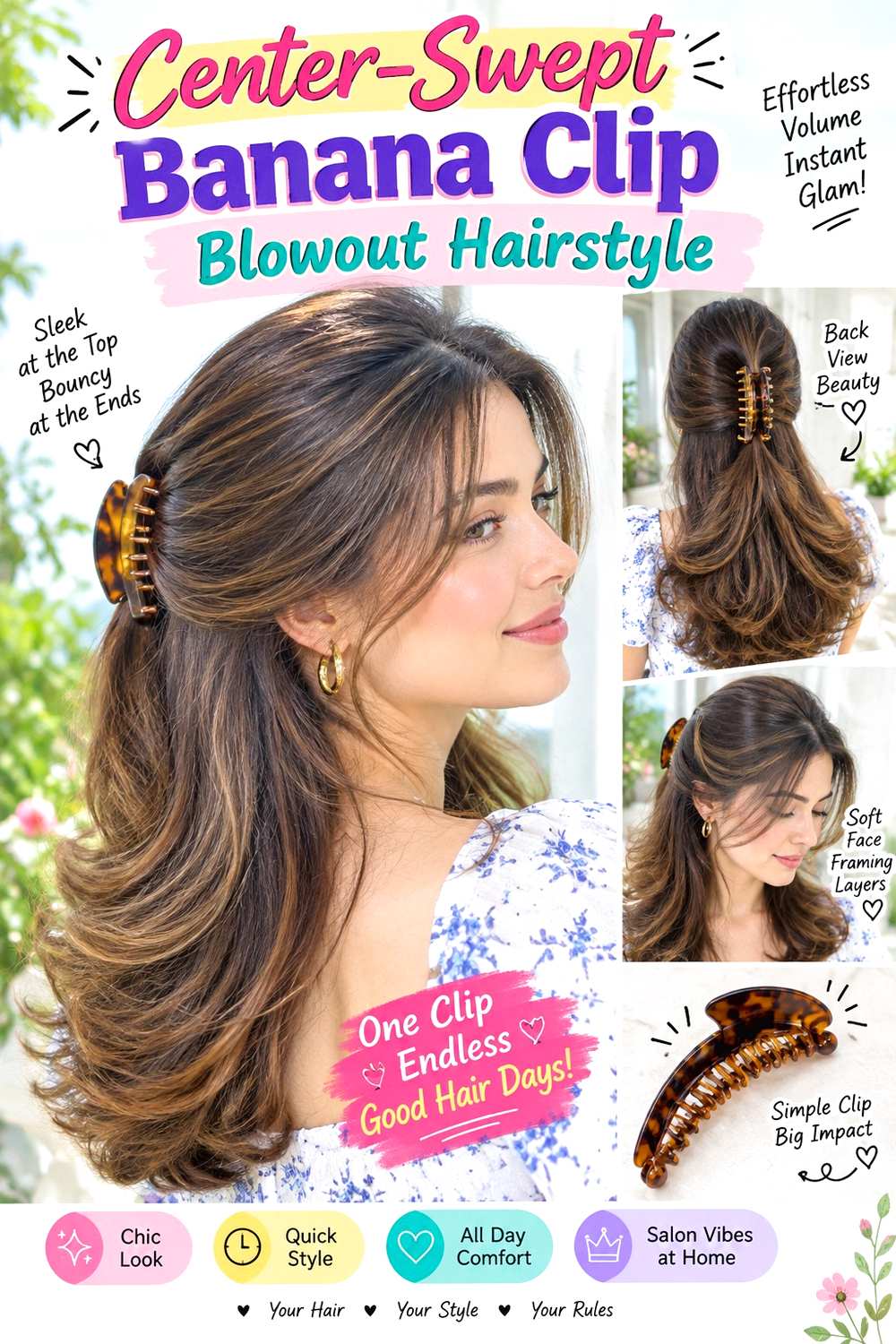 Center-Swept Banana Clip Blowout Hairstyle