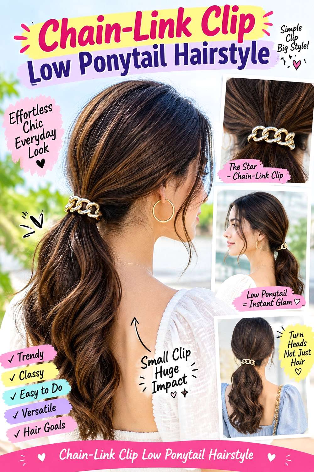 Chain-Link Clip Low Ponytail Hairstyle