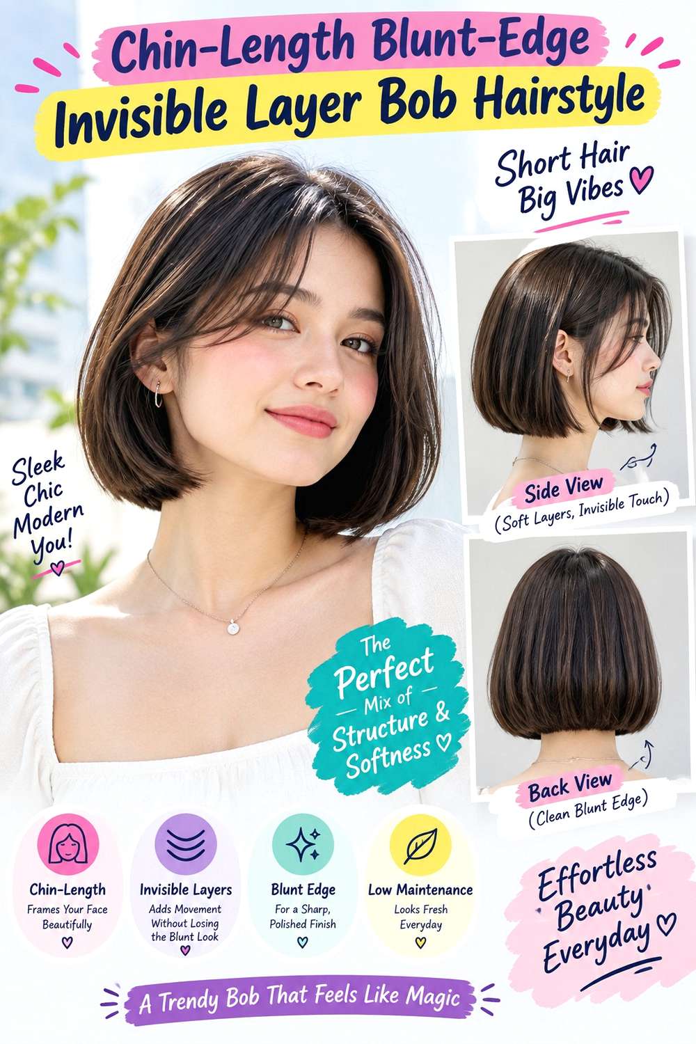 Chin-Length Blunt-Edge Invisible Layer Bob Hairstyle