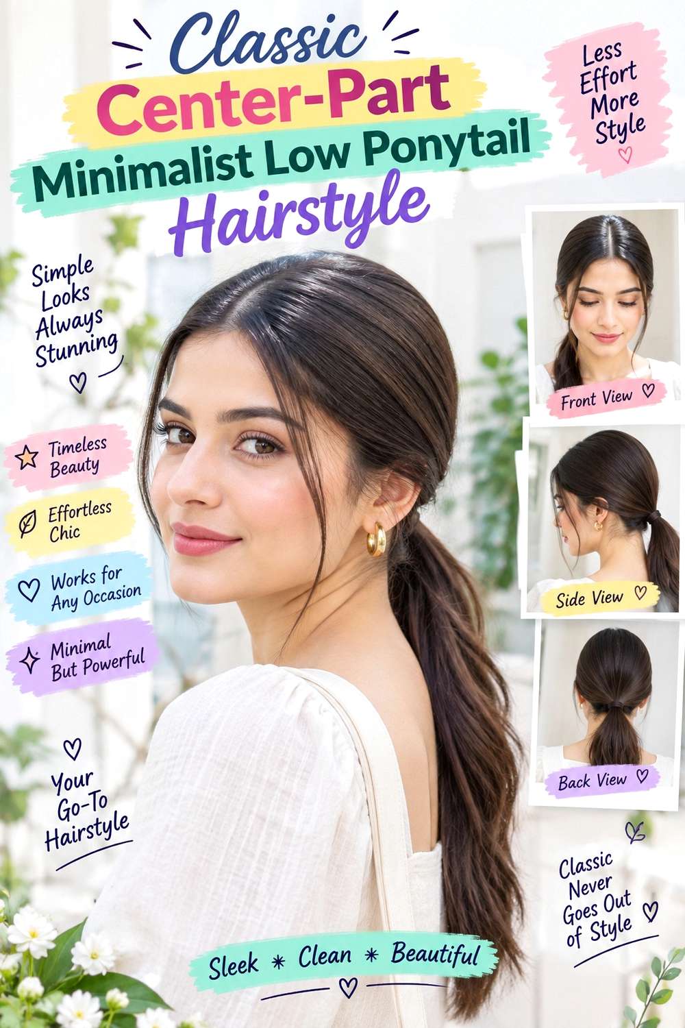 Classic Center-Part Minimalist Low Ponytail Hairstyle