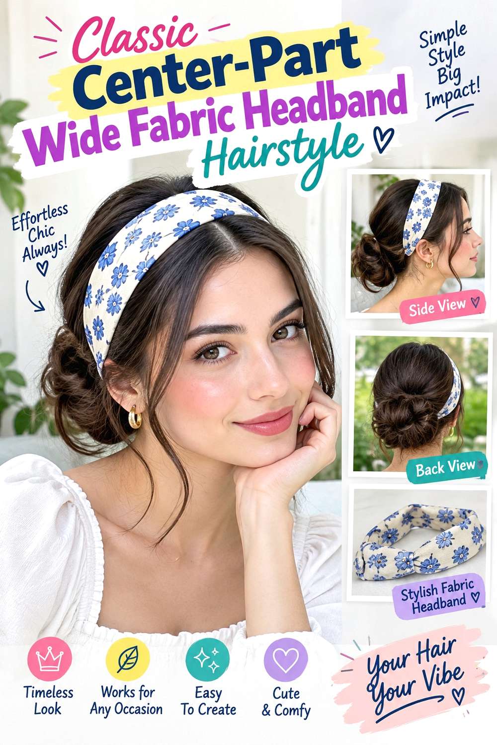 Classic Center-Part Wide Fabric Headband Hairstyle