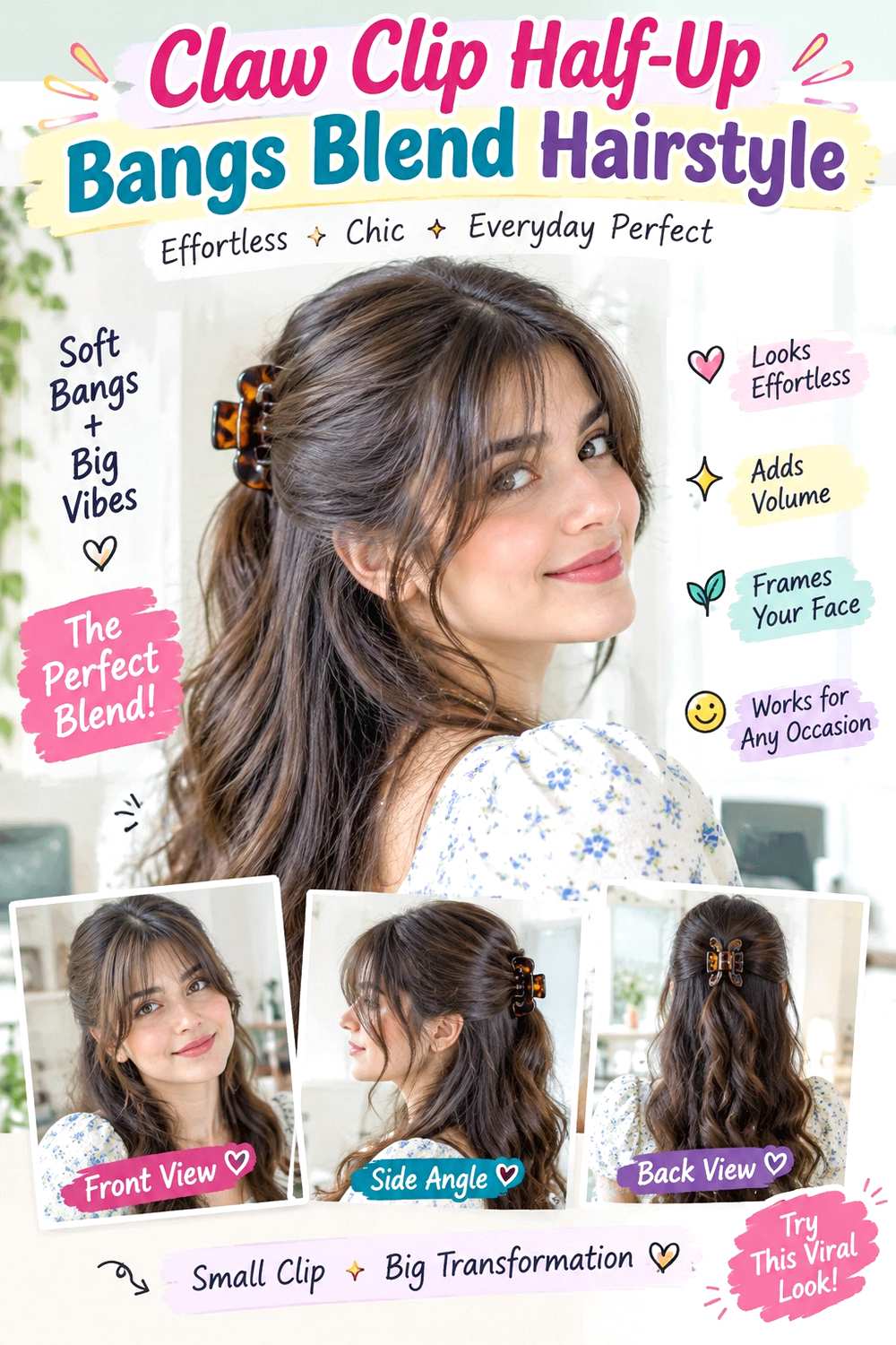 Claw Clip Half-Up Bangs Blend Hairstyle