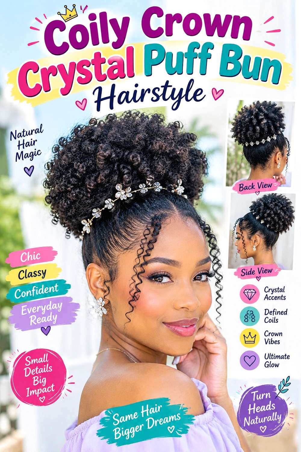 Coily Crown Crystal Puff Bun Hairstyle