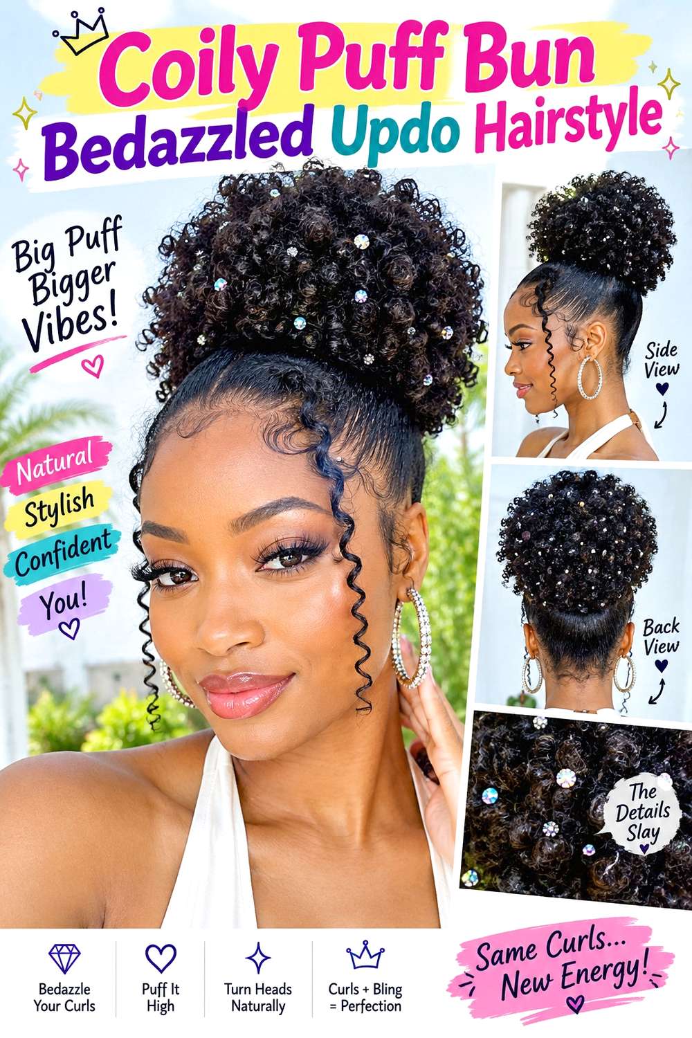Coily Puff Bun Bedazzled Updo Hairstyle
