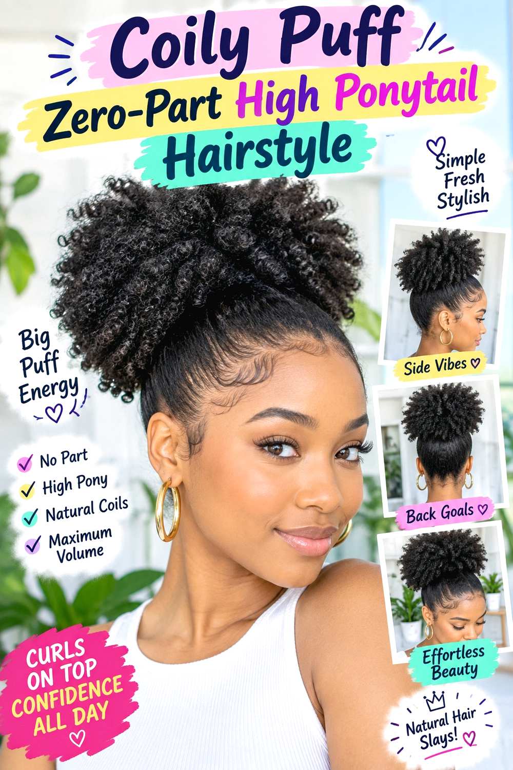 Coily Puff Zero-Part High Ponytail Hairstyle