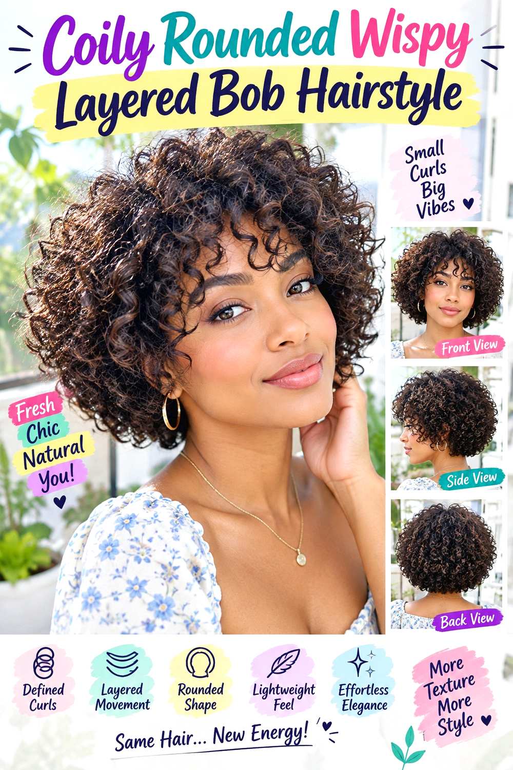 Coily Rounded Wispy Layered Bob Hairstyle