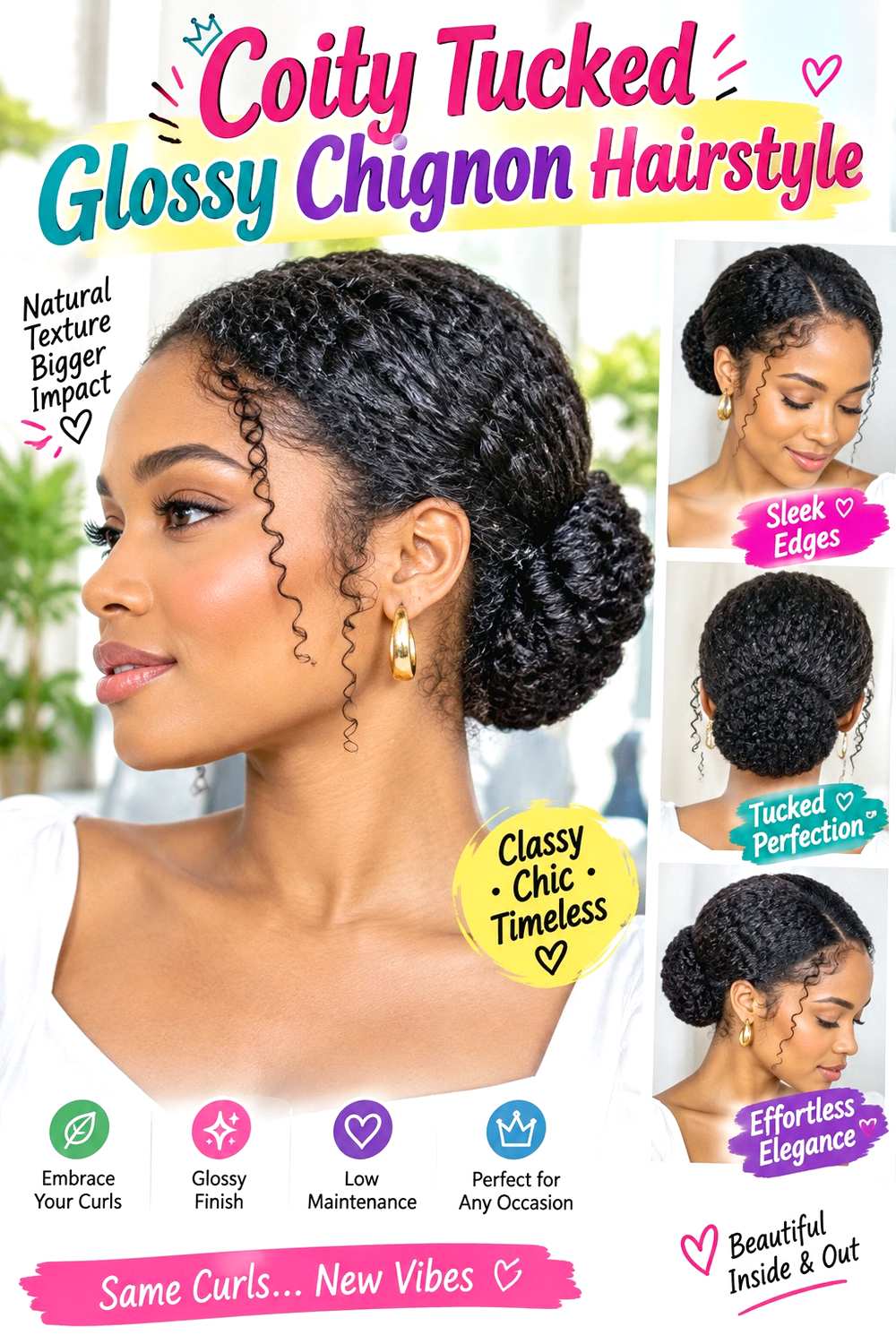 Coily Tucked Glossy Chignon Hairstyle