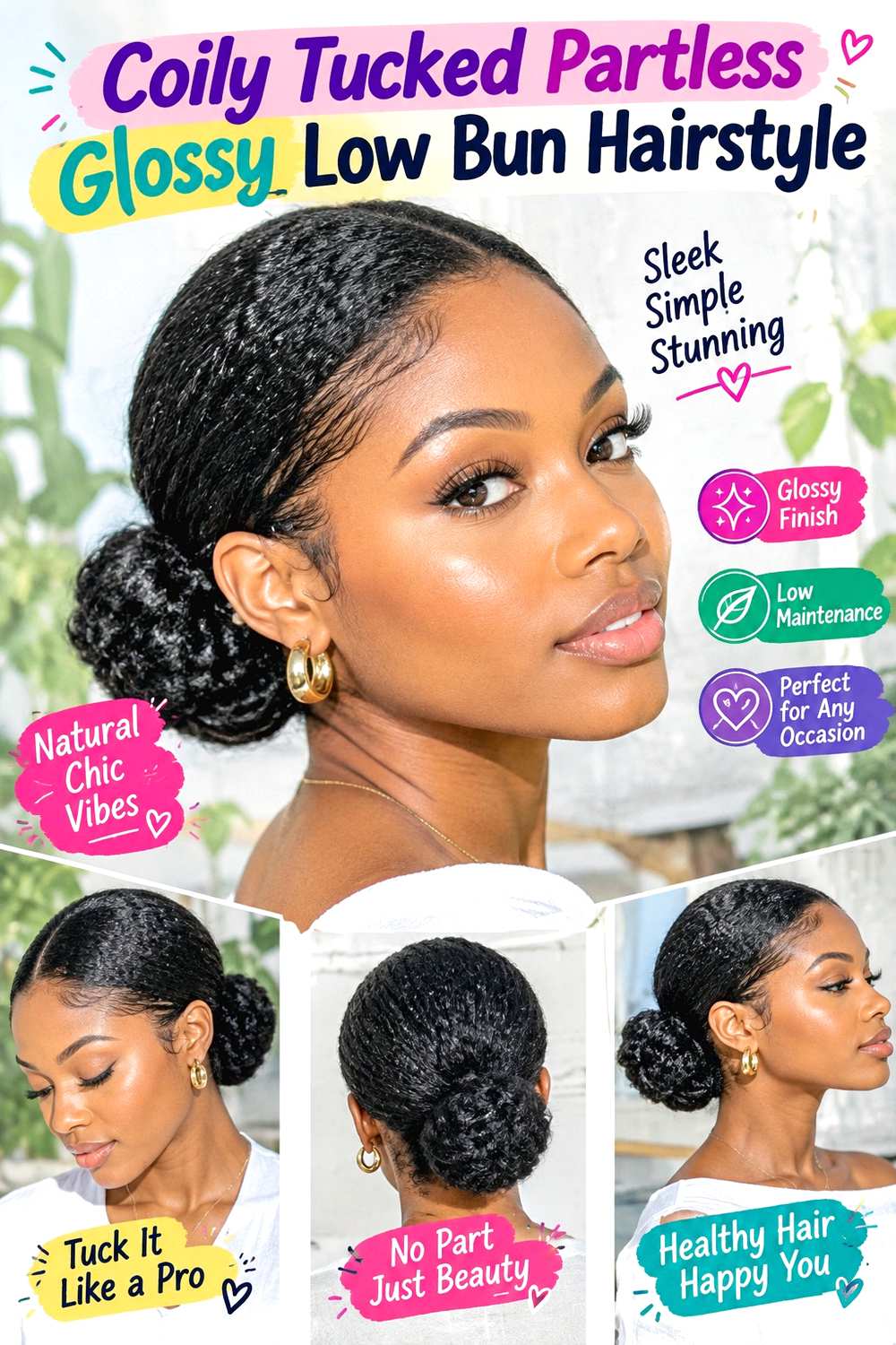 Coily Tucked Partless Glossy Low Bun Hairstyle