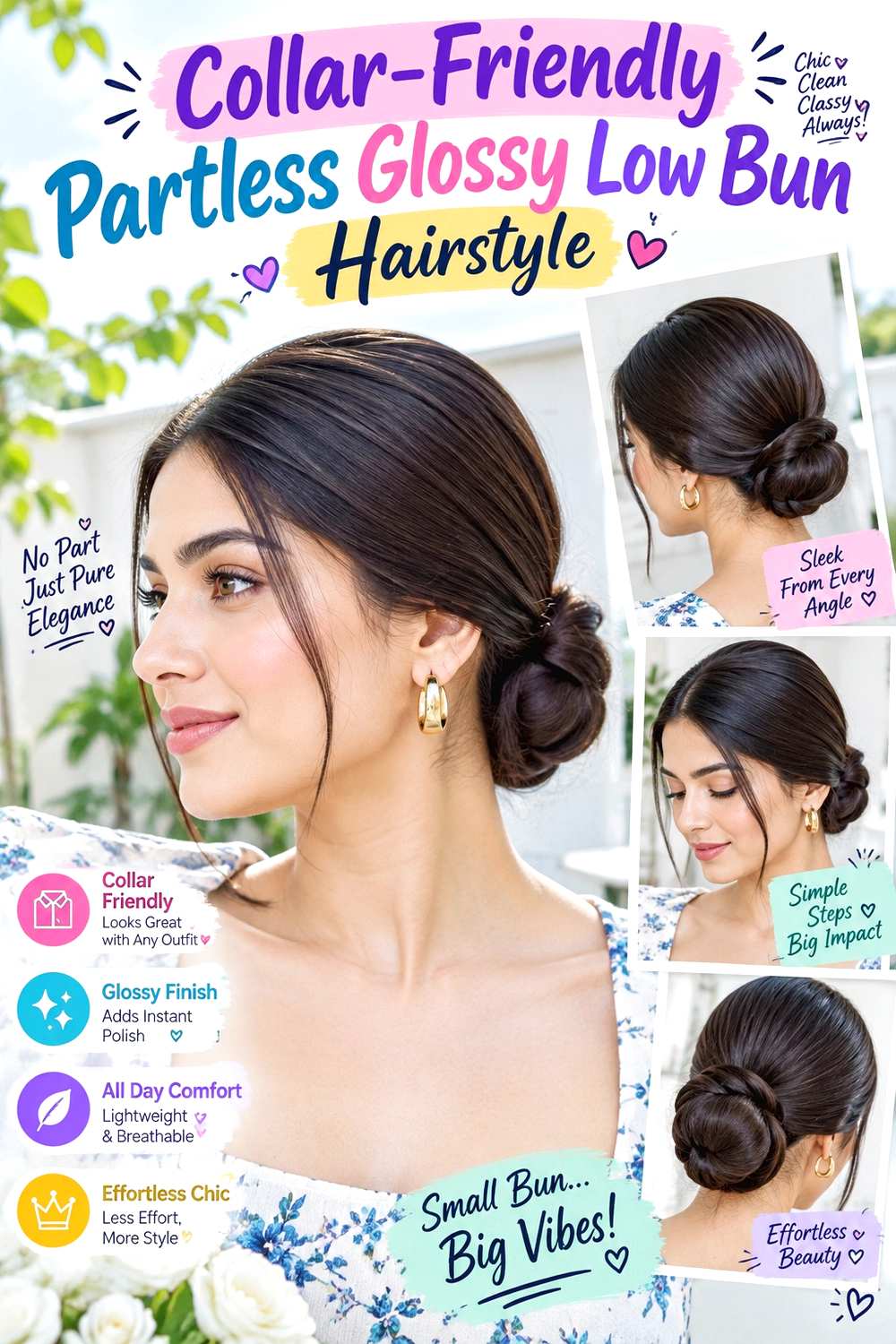 Collar-Friendly Partless Glossy Low Bun Hairstyle