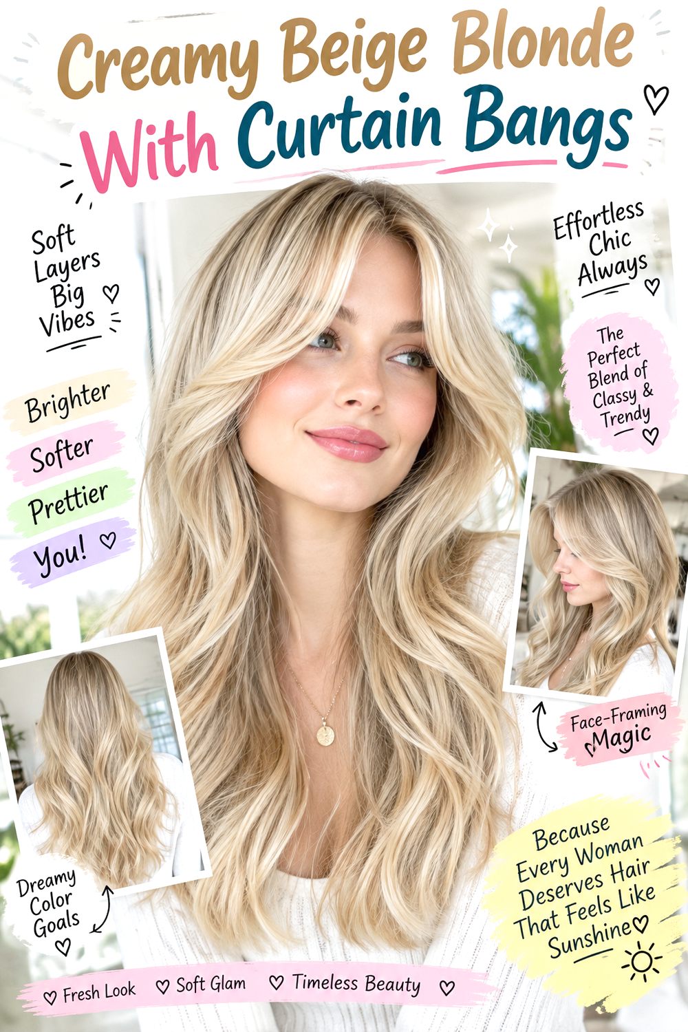 Creamy Beige Blonde With Curtain Bangs Hairstyle