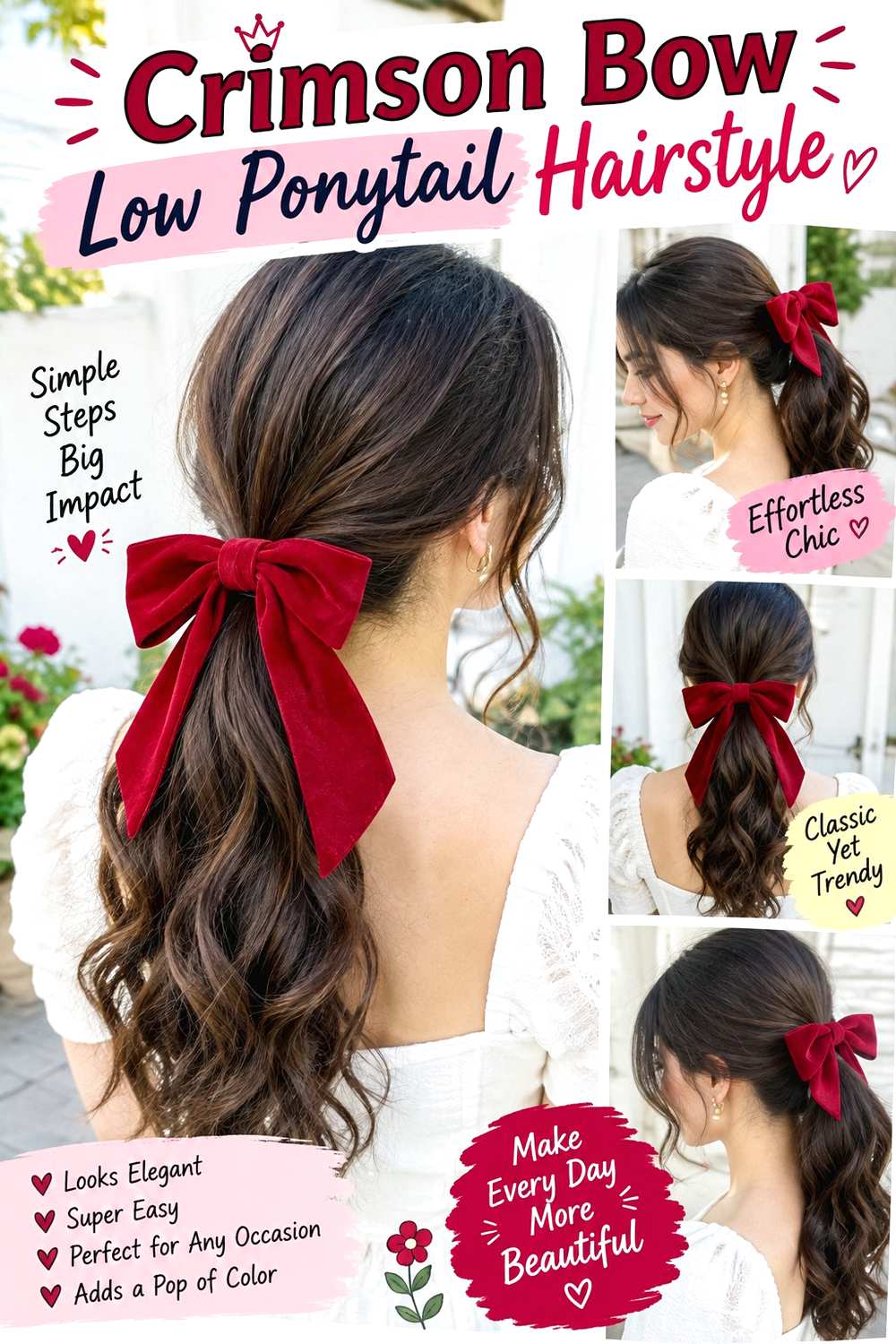 Crimson Bow Low Ponytail Hairstyle