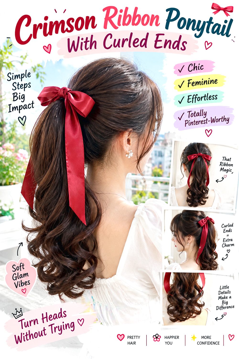 Crimson Ribbon Ponytail With Curled Ends Hairstyle