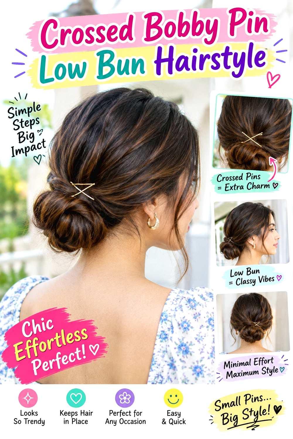 Crossed Bobby Pin Low Bun Hairstyle