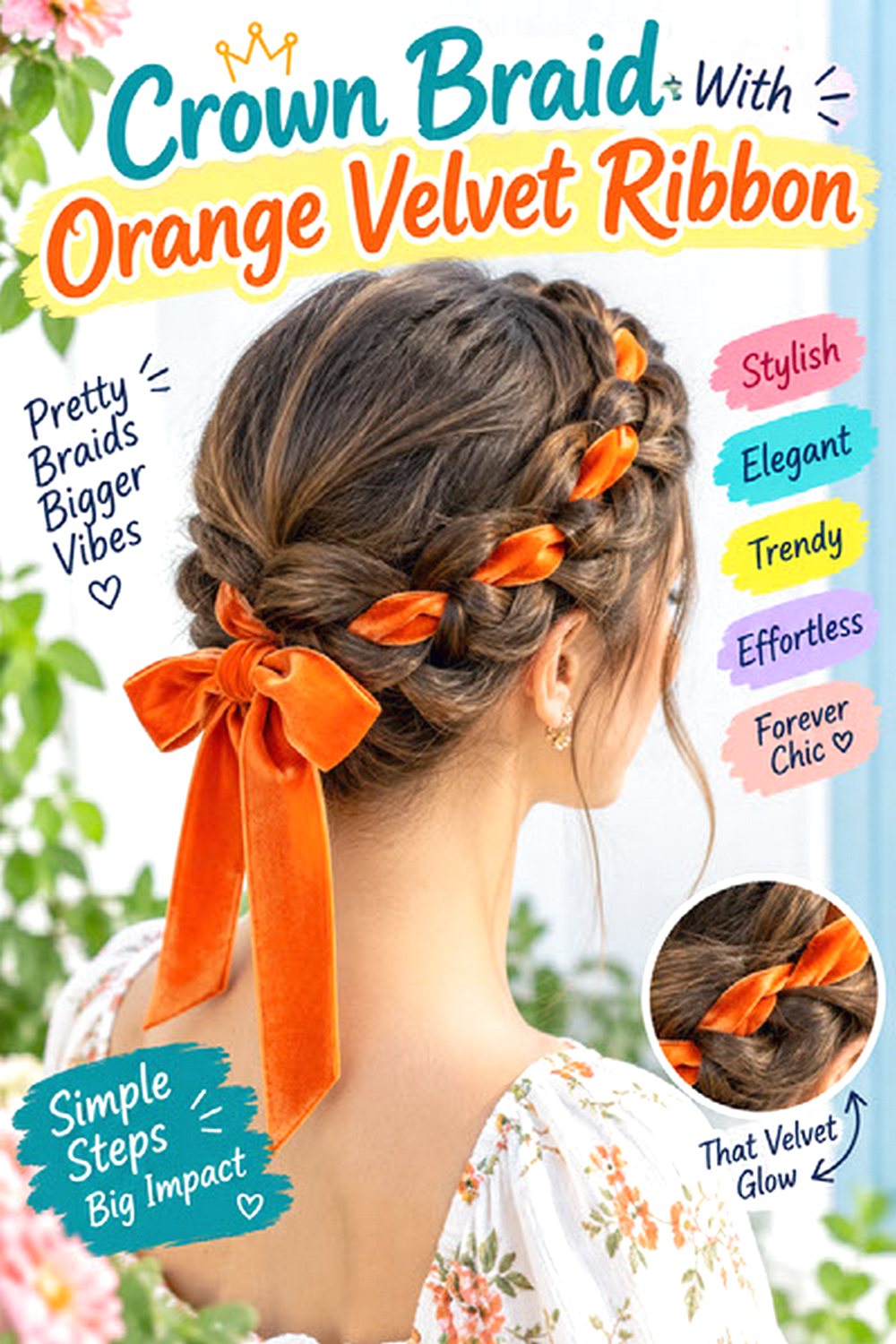 Crown Braid With Orange Velvet Ribbon