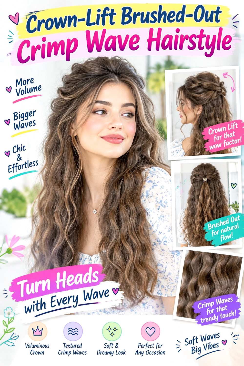Crown-Lift Brushed-Out Crimp Wave Hairstyle