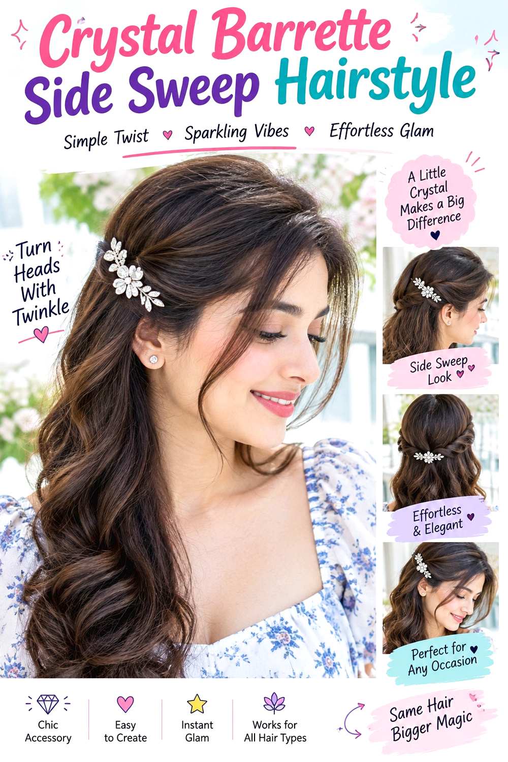 Crystal Barrette Side Sweep Hairstyle