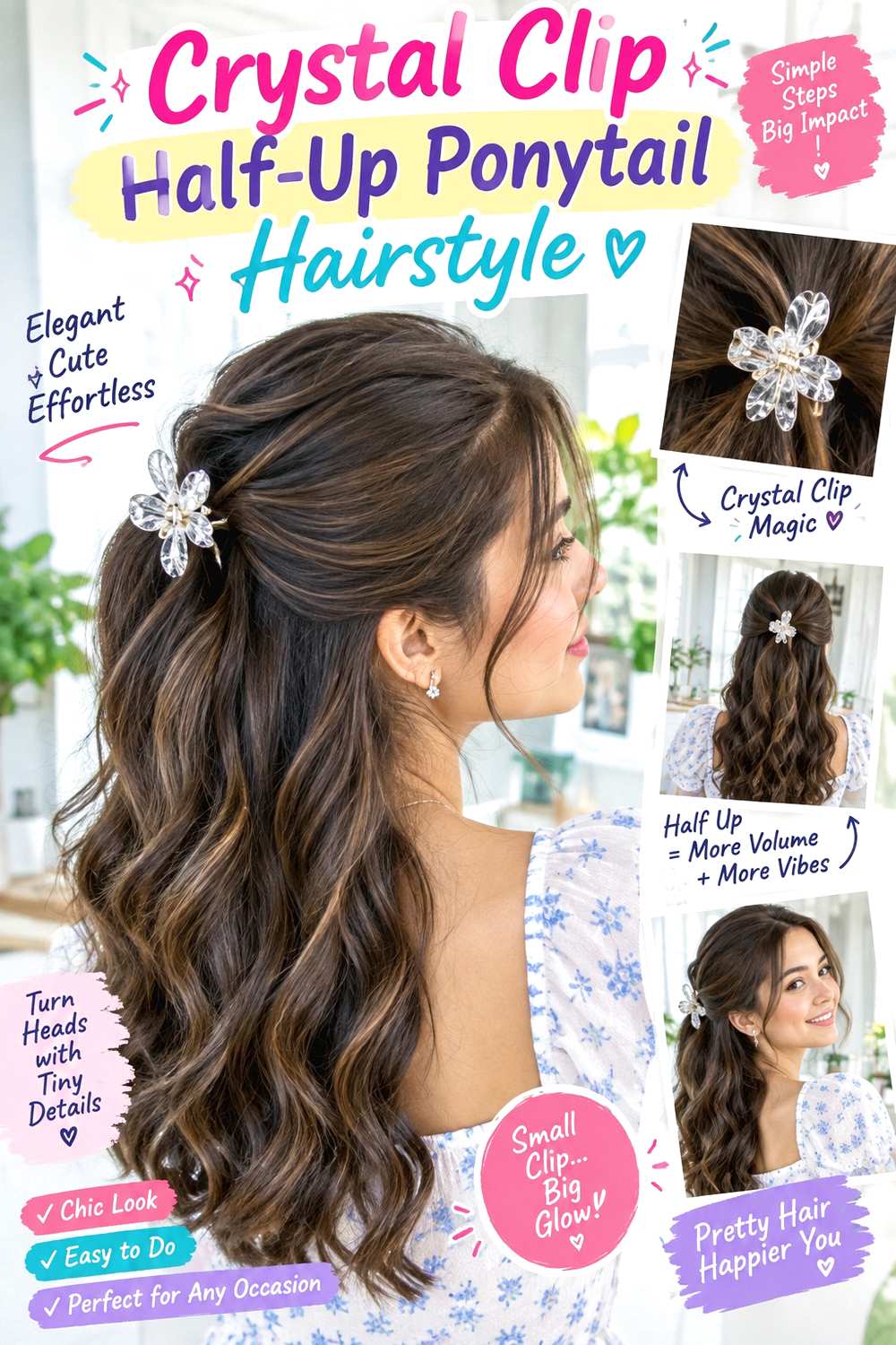 Crystal Clip Half-Up Ponytail Hairstyle