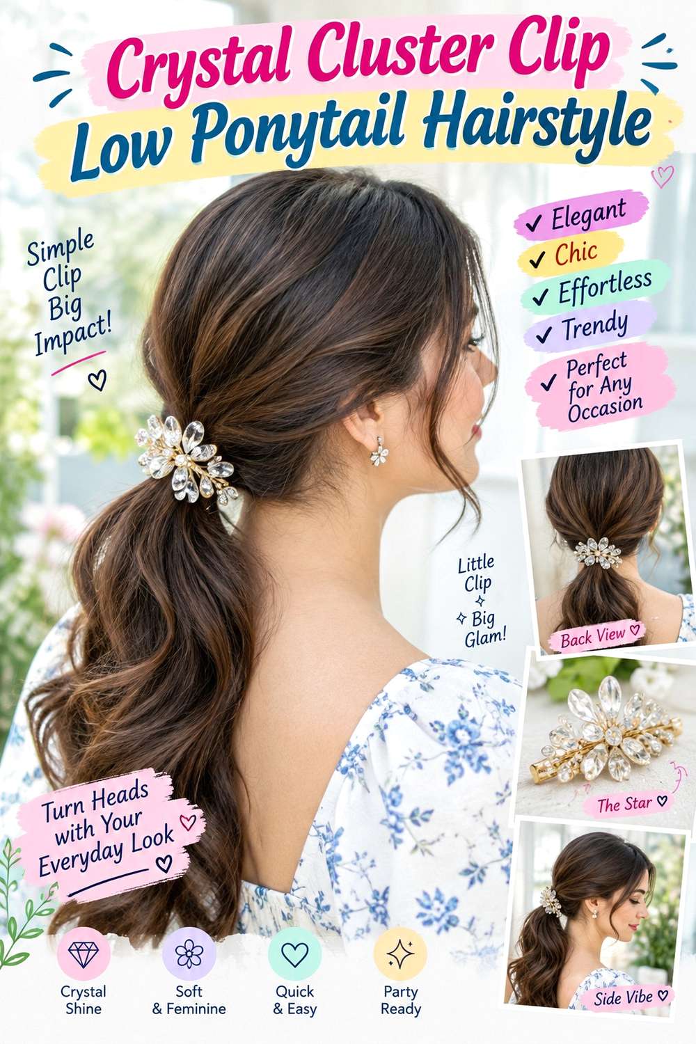 Crystal Cluster Clip Low Ponytail Hairstyle