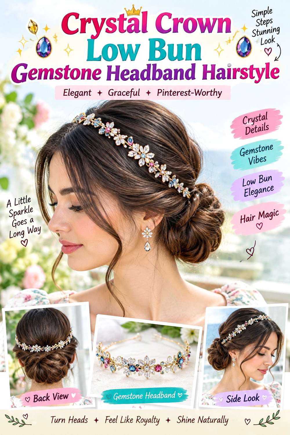 Crystal Crown Low Bun Gemstone Headband Hairstyle