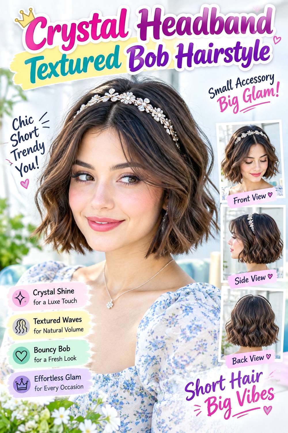Crystal Headband Textured Bob Hairstyle
